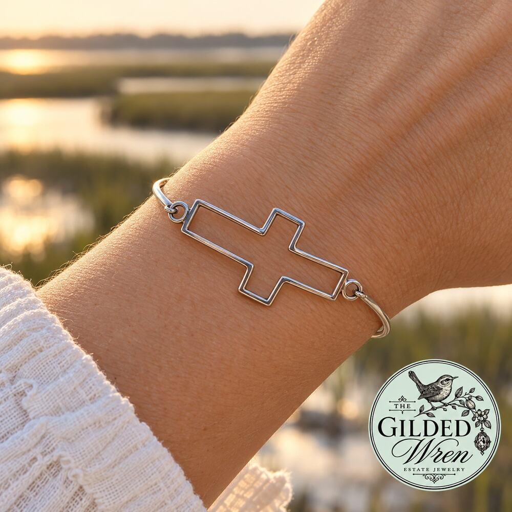 925 Sterling Silver Sideways Open Cross Bangle Bracelet 7.25" Faith
